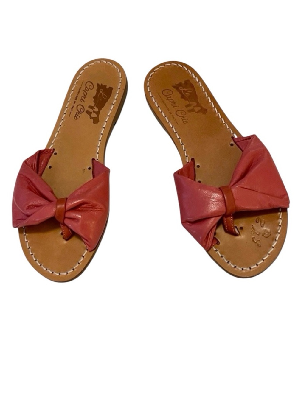 La Capri Coral Pink Leather Twist Bow Slide  Slip-On Flat Thong Mule Sandals 39